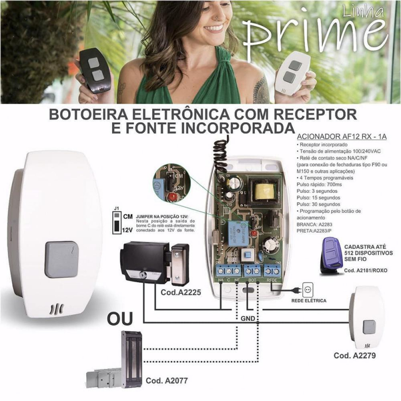 Botoeira Prime Rx 1a Acionador Af12 Com Receptor Branco Ipec