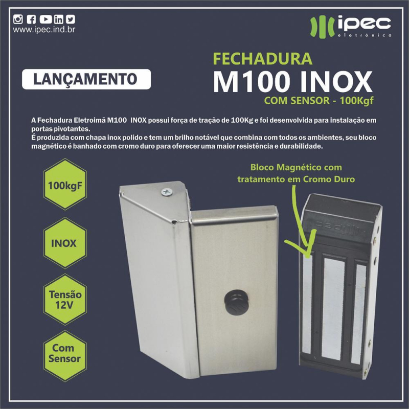 Fechadura Magnética m100 Inox Polido Ipec