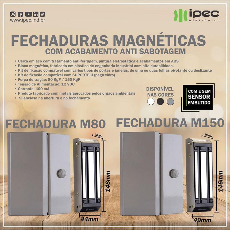 Fechadura Magnética m80 com sensor Cinza Ipec