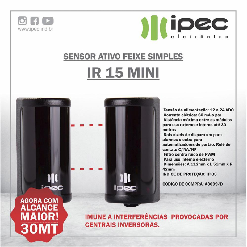 Sensor Ativo De Barreira Ipec Ir 15 Mini Feixe Simples Ipec